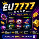 EU7777 Game APK promotional banner featuring a smartphone with colorful game icons, fast performance, secure login, lightweight design, and download button for Android users.